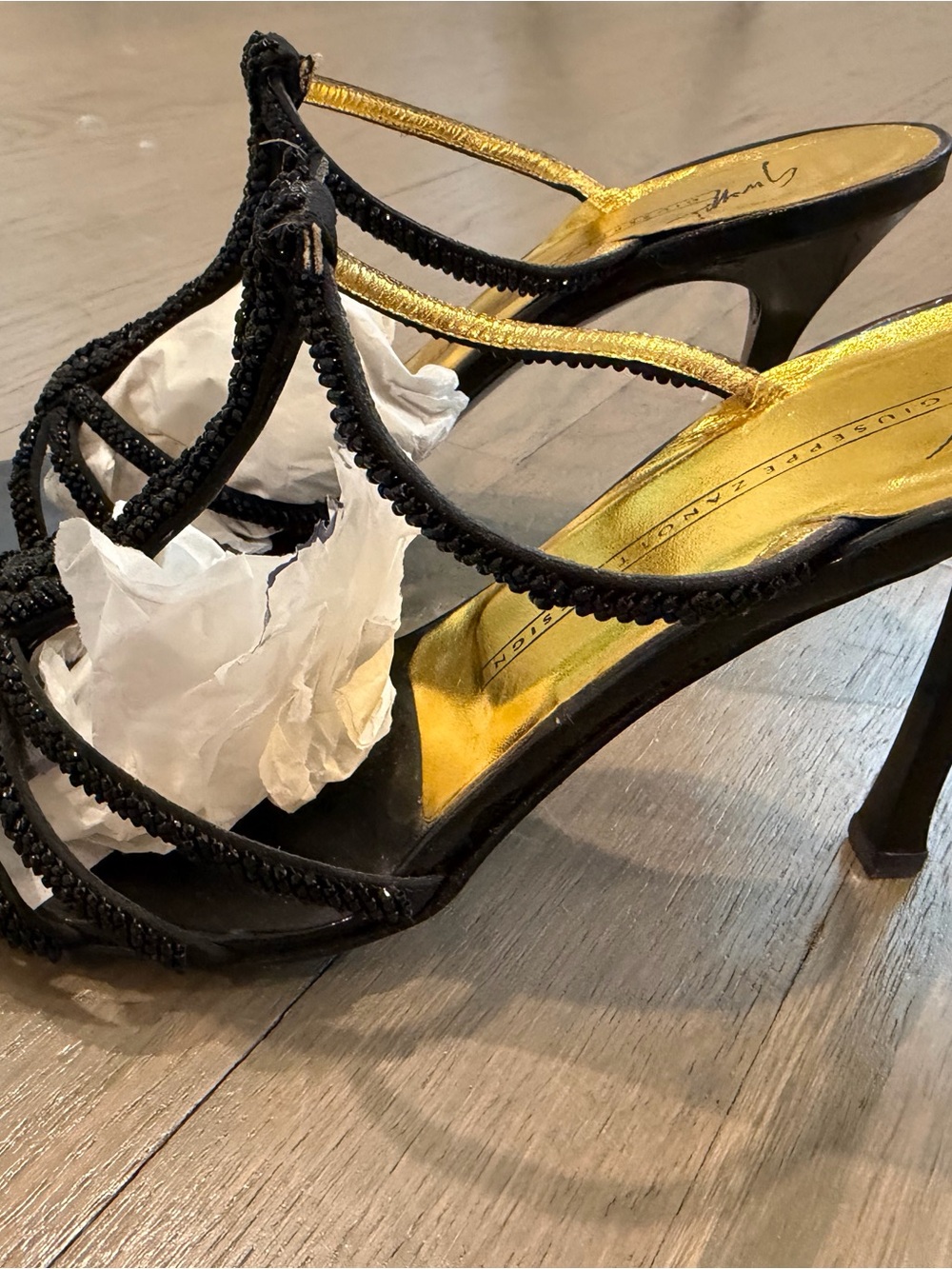 Giuseppe Zanotti Black Beaded Strappy High Heel Sandals with Gold Insole